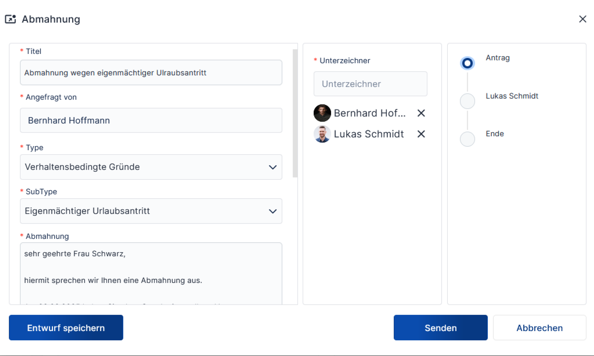 Pop-up-Fenster zur Erstellung eines HR-Dokuments (z.B. Abmahnung) mit Eingabefeldern und Zuweisungen für Mitarbeiter.