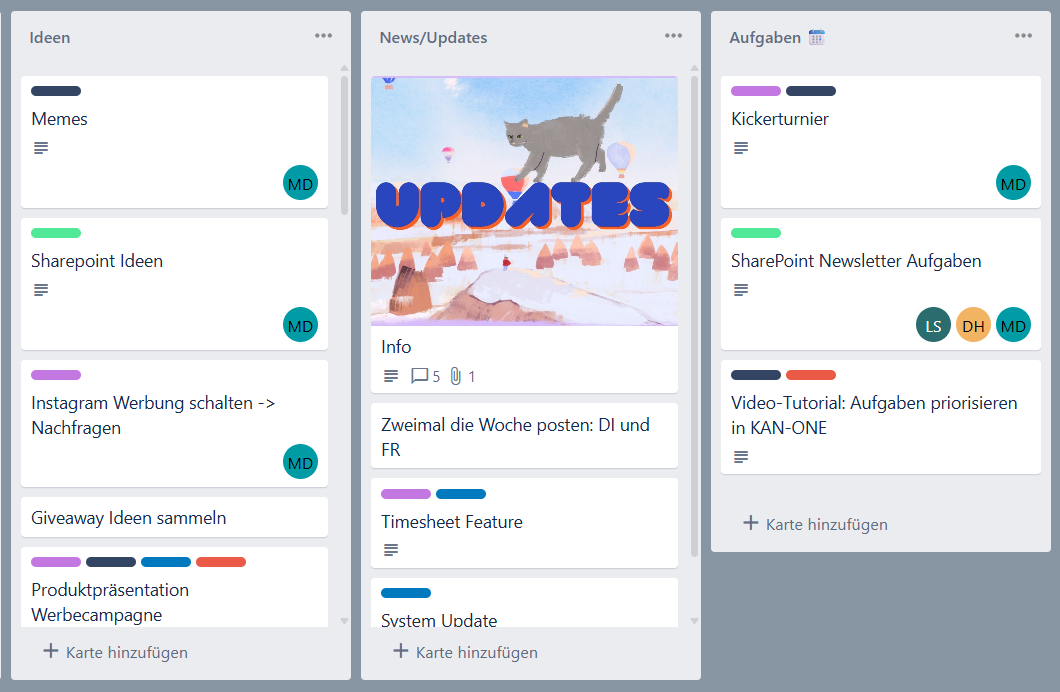 Kanban-Board-Ansicht einer Projektmanagement-Software mit den Spalten Ideen, News/Updates und Aufgaben.