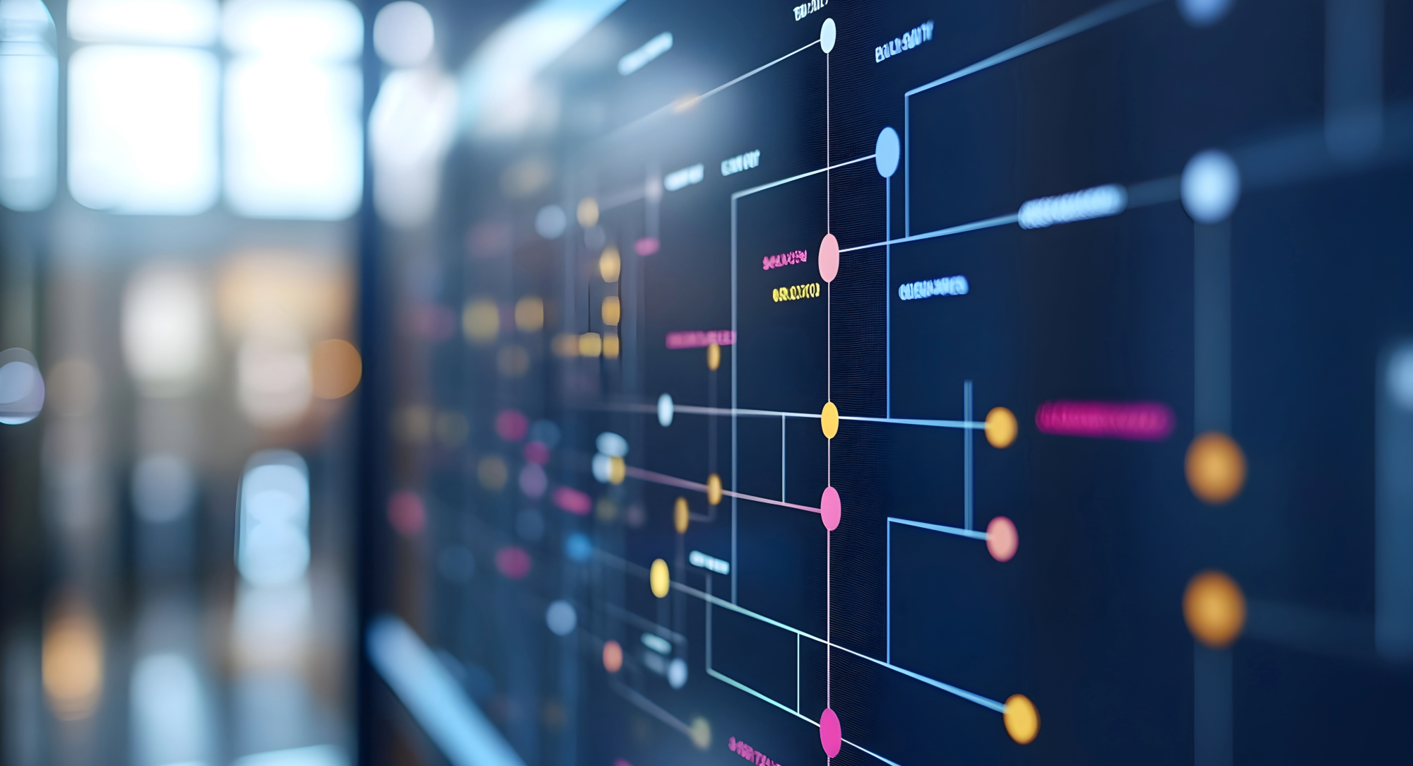 Abstrakte Darstellung von Konnektivität und Datenanalyse, symbolisiert durch ein komplexes, farbiges Linien- und Punktnetzwerk auf einem Bildschirm.