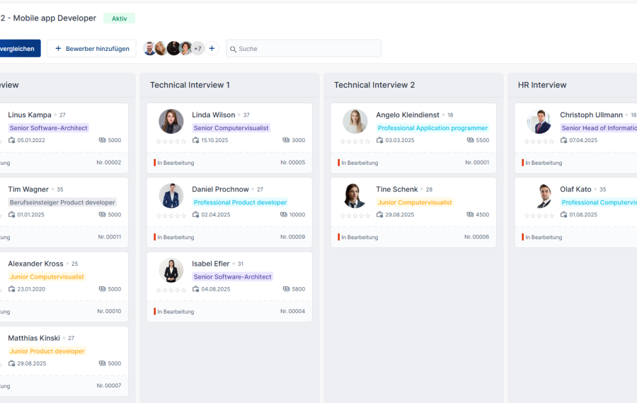 Der Screenshot zeigt ein KAN-ONE Board im Kanban-Stil zur transparenten, visuellen Steuerung des Bewerbungsprozesses per Drag-and-Drop.
