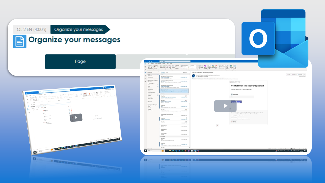 Illustration des Themas 'Organize your messages' (Nachrichten organisieren) für Microsoft Outlook. Es zeigt das Outlook-Logo sowie zwei eingebettete Screenshots mit Video-Playern zur Demonstration von Organisationsfunktionen in der E-Mail-Anwendung.
