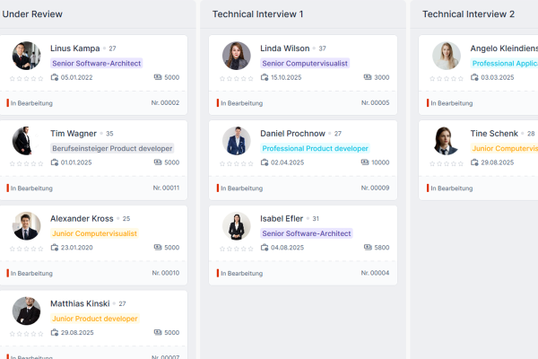 Der Screenshot stellt die zentrale Lösung für modernes Recruiting in einer Kanban-Ansicht mit KI-gestützten, DSGVO-konformen Kandidatenprofilen dar.