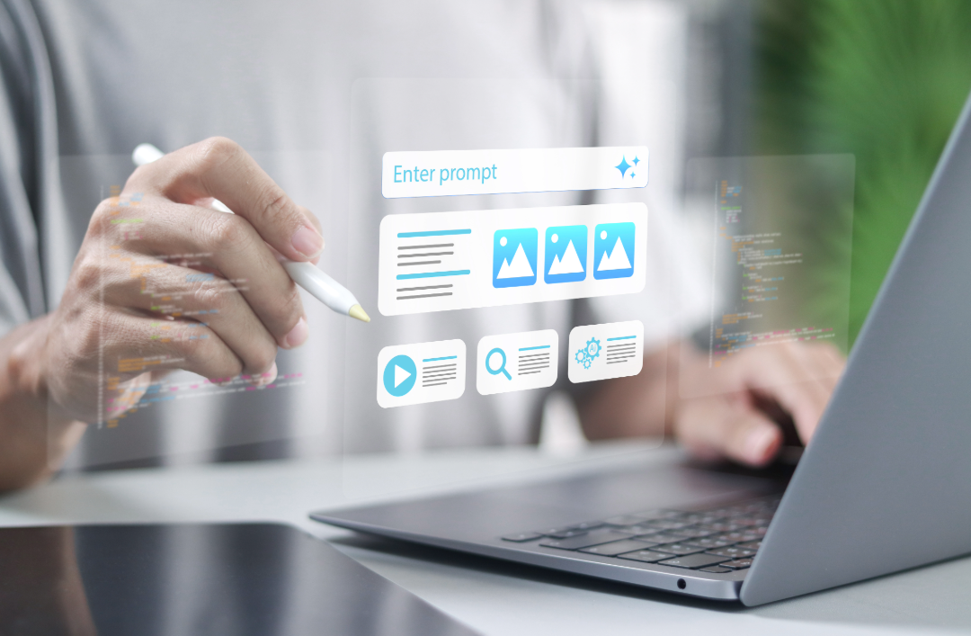  Das Bild zeigt eine Hand, die mit einem Stift eine holografische Benutzeroberfläche über einem Laptop bedient, was den Application Builder (Low-Code/No-Code) zur intuitiven Erstellung von Anwendungen symbolisiert.