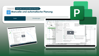 Illustration der 'Manuellen und automatischen Planung' mit dem Microsoft Project Logo (großes 'P' in Grün) und zwei überlappenden Screenshots von Microsoft Project mit Projekteinstellungen und einem Gantt-Diagramm.
