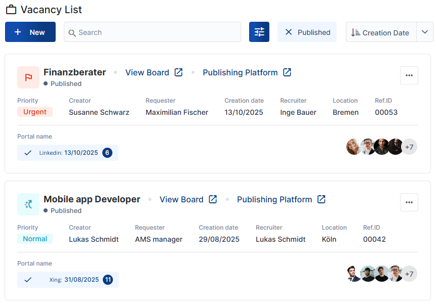 Eine Liste von Stellenausschreibungen.