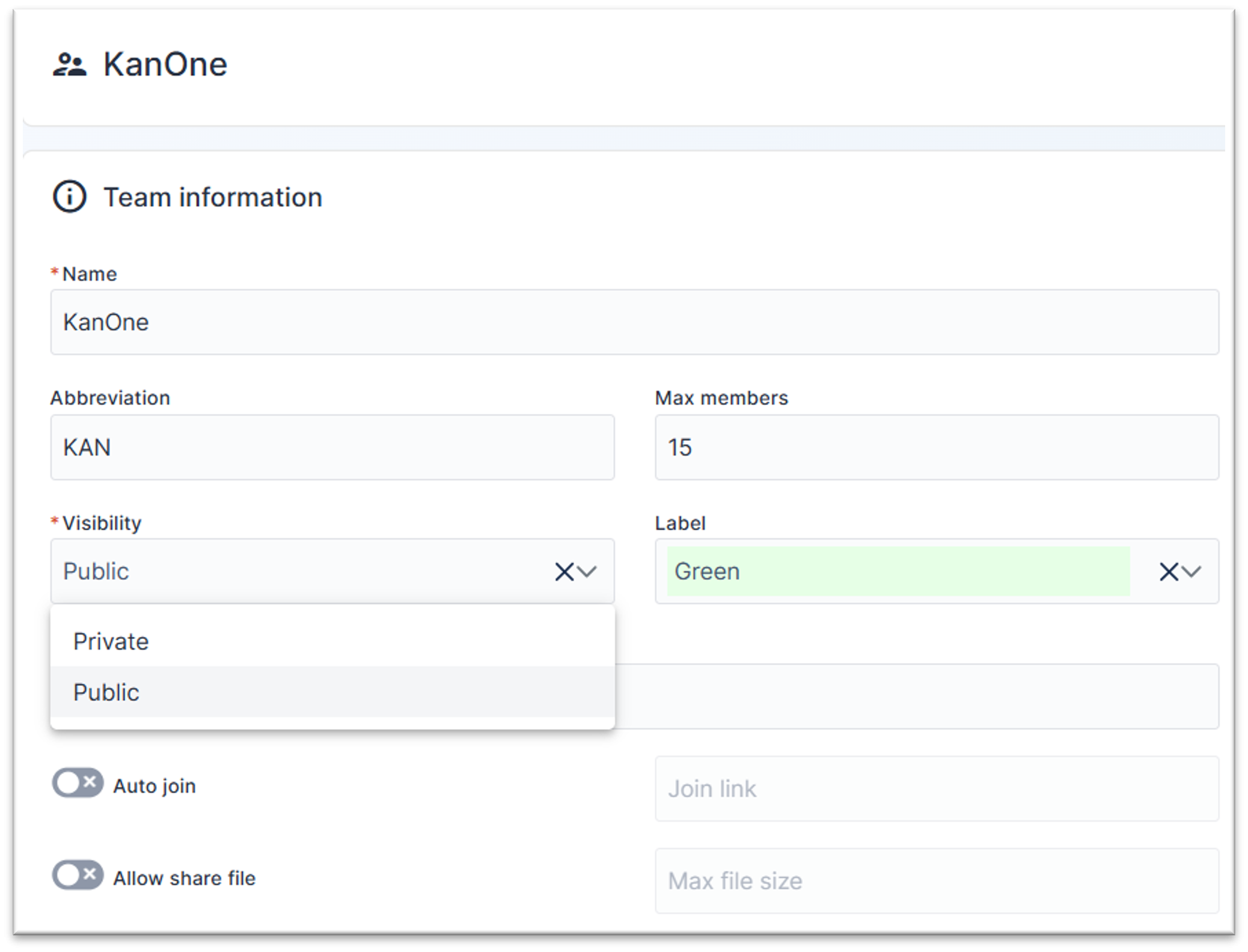 Screenshot des Formulars zur Team-Erstellung und -Verwaltung in KAN-ONE, mit Optionen für Teamname, Abkürzung, Mitgliederzahl und Sichtbarkeit.