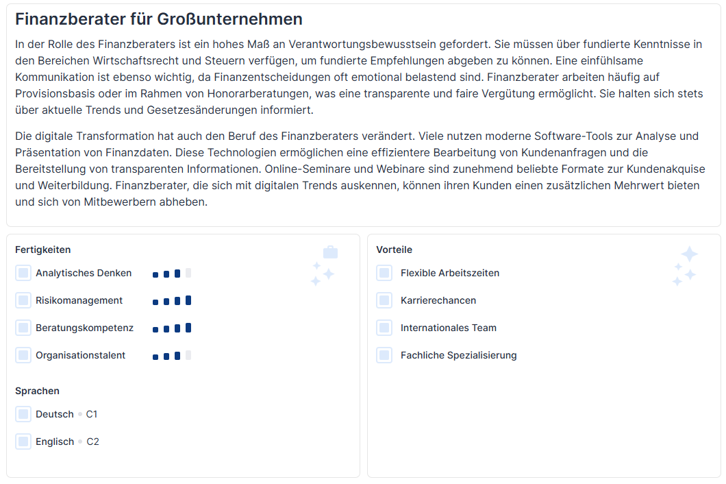 Detailansicht einer Stellenanzeige 'Finanzberater für Großunternehmen' mit Textbeschreibung, bewerteten Fertigkeiten (z.B. analytisches Denken) und Vorteilen (z.B. flexible Arbeitszeiten).