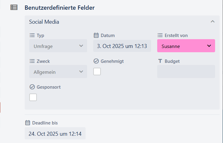 Screenshot des Moduls für benutzerdefinierte Felder (Social Media) zur Konfiguration von Parametern wie Typ, Datum, Zweck und Ersteller.