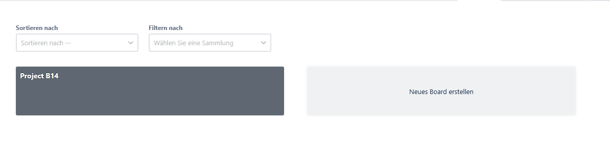 Ausschnitt der Dashboard-Funktion in KAN-ONE mit Sortier- und Filteroptionen sowie einem ausgewählten 'Social Media' Board.
