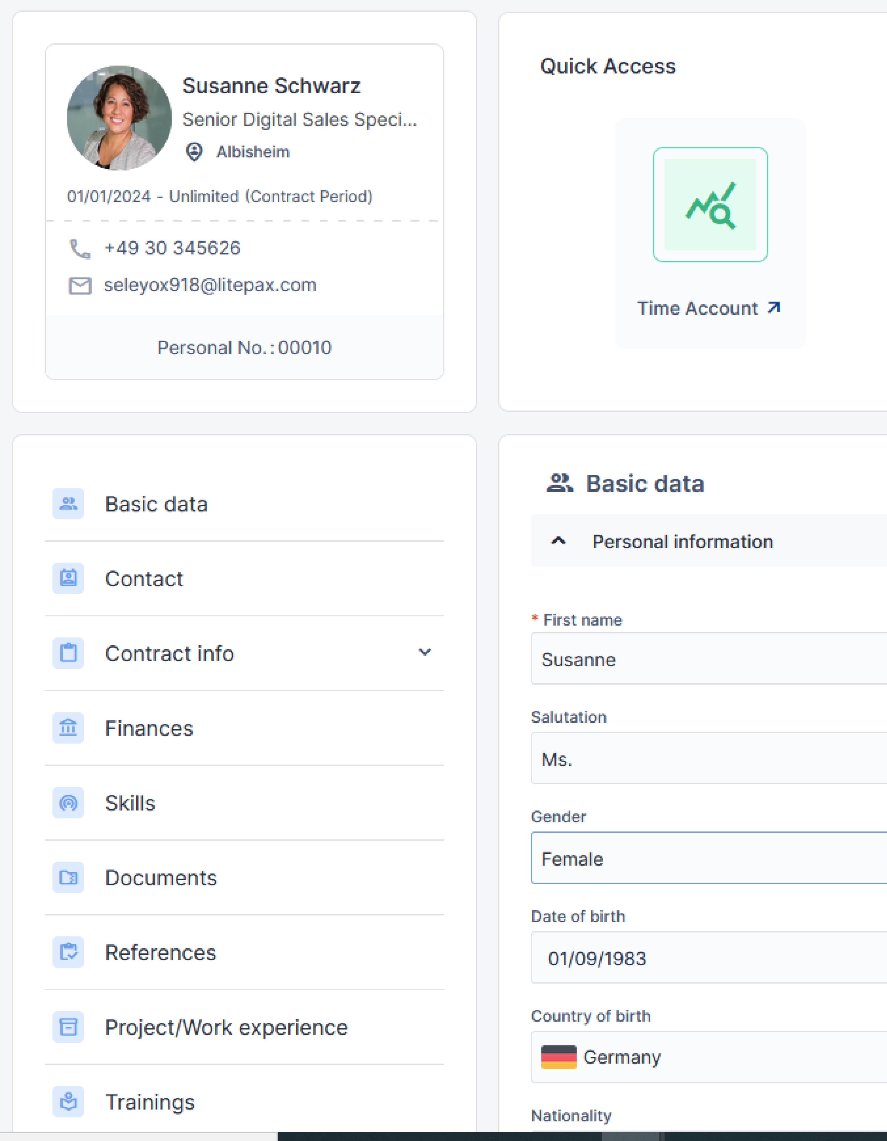Personal-Management-Dashboard mit Mitarbeiterprofil und Menü zur Verwaltung von Mitarbeiterdaten.