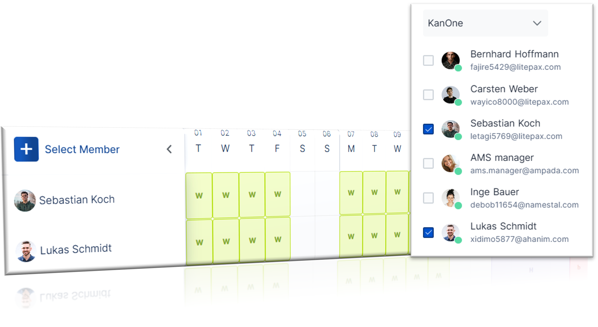 Kalenderansicht der Team-Übersicht in KAN-ONE, die die Verfügbarkeit von Teammitgliedern (z.B. Sebastian Koch, Lukas Schmidt) und deren Arbeitszeiten ('W') in einer Matrix darstellt.