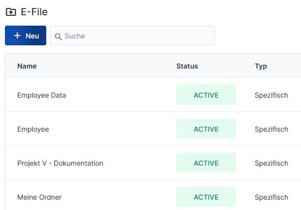 Screenshot der Ordnerübersicht im 'E-File' Modul von KAN-ONE, das verschiedene Aktenordner mit aktivem Status für die zentrale Verwaltung zeigt.